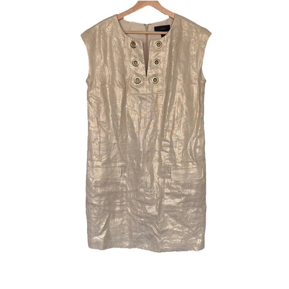 J. Crew Womens Linen Shift Dress‎ Size 8 Ivory/Gold Tone Career Office Preppy